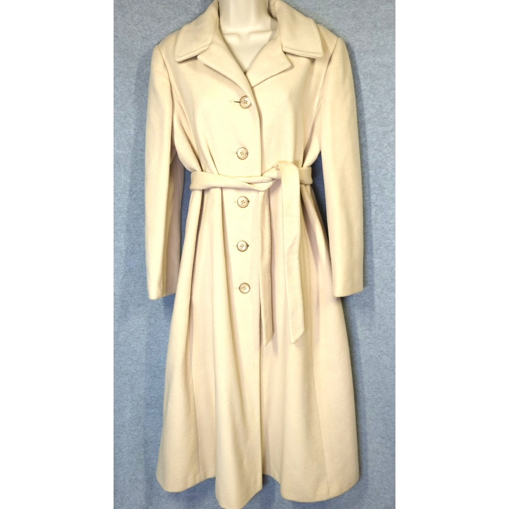 Vtg 100% Pure Cashmere Coat Women 8 AMICALE Midi Cream Button Tie Belt Polished